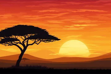 Fototapeten Savanna landscape with silhouettes of grass, trees and setting sun in the orange sky,Minimalist vector art © louis