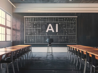 AI écris sur un tableau noir dans une salle de classe - Intelligence Artificielle Éducation et Technologie - obrazy, fototapety, plakaty