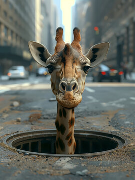 Girafe curieuse émergeant d'une bouche d'égout en ville - Image surréaliste