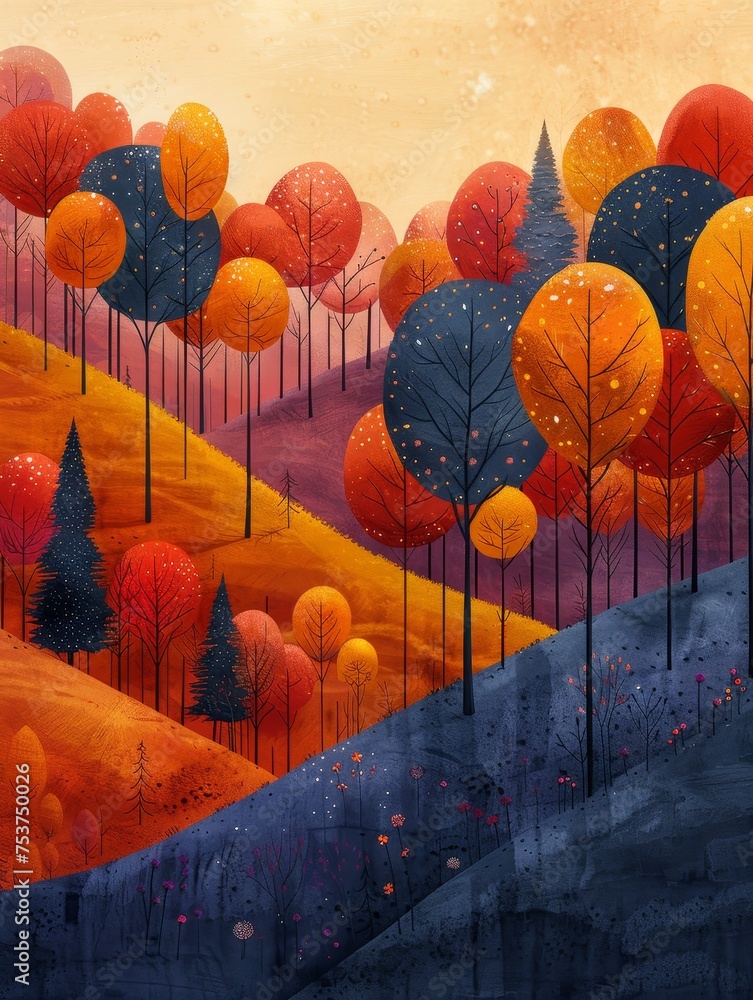 Aufkleber magical forests in minimal style with abstract patterns and vibrant colors capture the essence of wo