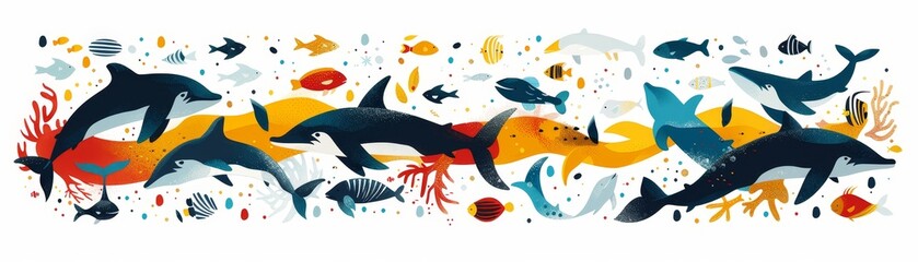 Illustrating marine life minimally with vibrant hues and basic geometric forms showcases its beauty.