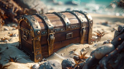  a vintage-style treasure chest partially buried in beach sand The image showcases every grain of sand and the chests aged wood and metalwork in exquisite detail