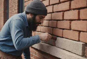 Obraz premium bricklaying. Worker checks erected brick wall with level