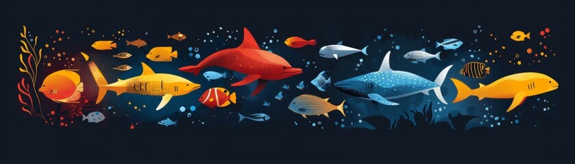 Illustration of marine life with vibrant colors and geometric shapes in a minimalist style portrays elegance and simplicity.