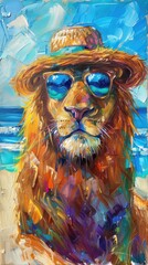bright, colorful picture lion in sunglasses and hat on the beach near the sea, looking at the camera. summer vacation by the sea, style oil paint