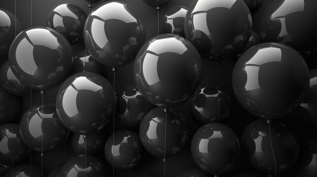 a bunch of black balloons floating in the air with a string of black balloons hanging from the ceiling in front of them.