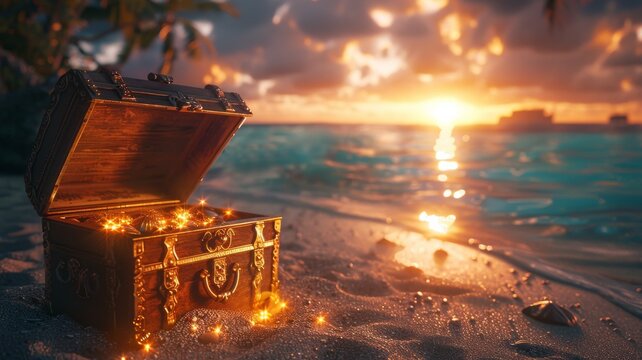 Create a photorealistic 16k image of an old ornate treasure chest open and revealing its contents on a pristine beach The scene is bathed in the warm glow of a setting sun