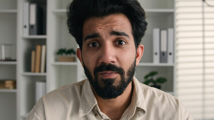 Webcam view Arabian Indian business man face ethnic businessman guy office worker talking video...