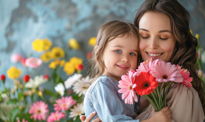 Fototapeta premium A woman is holding a child and a bouquet of flowers. The child is smiling and the woman is smiling as well. Concept of warmth and happiness, as the mother and daughter share a special moment together
