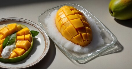 Illustrate a series of ultra-realistic images depicting the step-by-step preparation of mango delight. Capture the ingredients, the mixing process, and the final presentation -AI Generative