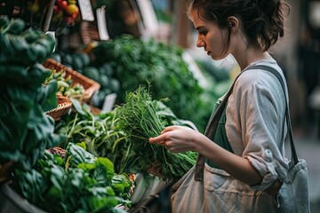 Young woman with eco-bag buying vegetables and herbs from the ecological farmers' market.