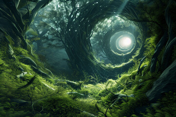 Fototapeta premium Enchanted forest clearing with mystic light from above.