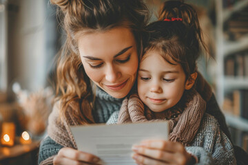 A woman and a child are sitting together, the woman reading a letter to the child. Concept of warmth and closeness between the two, as they share a moment of bonding over the written words