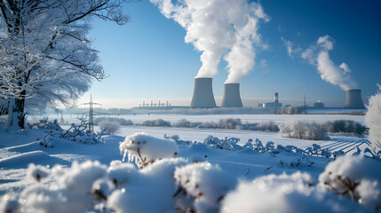 Nuclear power plant surrounded by forest in winter