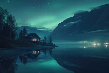 A tranquil night at a lakeside home, where the Northern Lights play across the sky, 