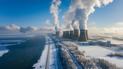 Nuclear power plant surrounded by forest in winter