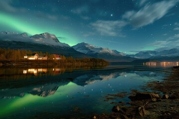 A tranquil night at a lakeside home, where the Northern Lights play across the sky, mirrored in the lake's surface, with the mountains standing watch. 8k