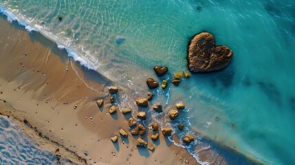Fototapeta na wymiar Top down view of beautiful calm sandy beach shoreline with heart shaped rocks