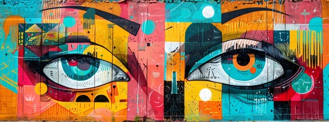 Vibrant street art mural featuring expressive eyes on an urban wall, depicting a colorful and creative expression of urban culture.