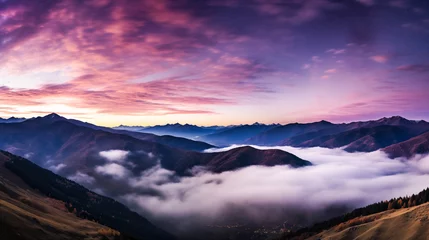 Tuinposter The mountains in fog at night, autumn landscape with alpine mountain valley, low clouds, purple starry sky. Best travel locations. Beautiful scenic © Anthichada