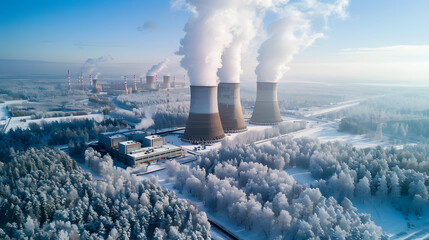 Nuclear power plant surrounded by forest in winter - obrazy, fototapety, plakaty