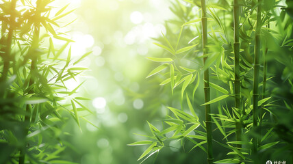 Fototapeta premium A lush green field of bamboo with a light blue sky in the background