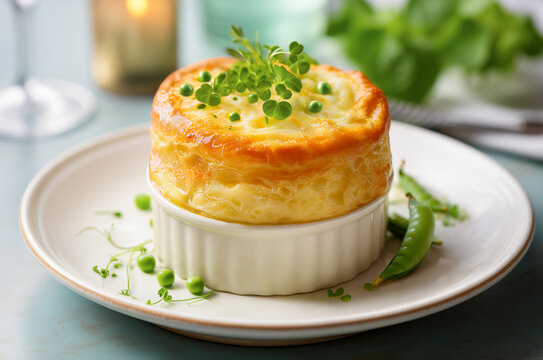 Fluffy cheese souffl&eacute; with vibrant spring green peas and herbs on a plate. Horizontal, side view.