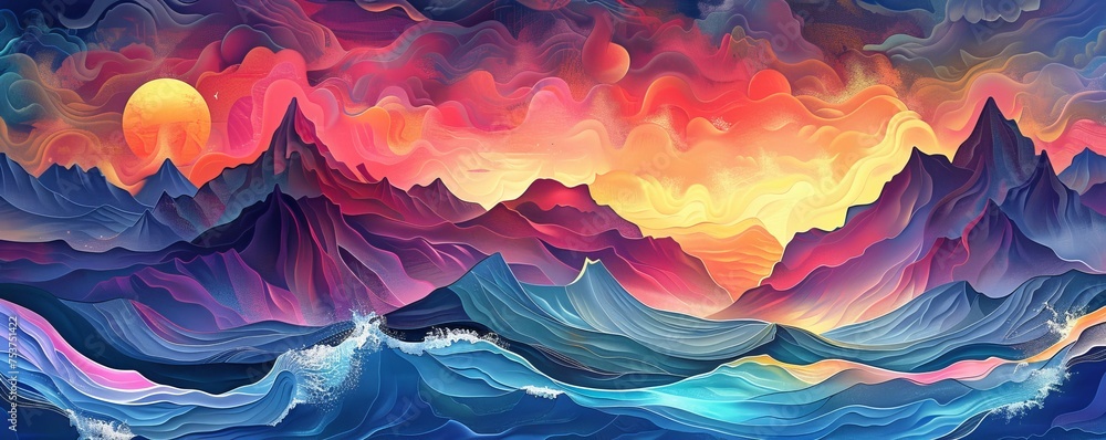Aufkleber ocean waves and mountain scenery in a minimalistic design, featuring abstract patterns and textures.
