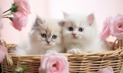 Two fluffy white kittens gaze curiously from a woven basket, surrounded by delicate pink roses