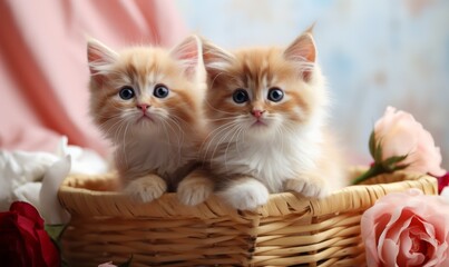 Fototapeta na wymiar Two fluffy white kittens gaze curiously from a woven basket, surrounded by delicate pink roses