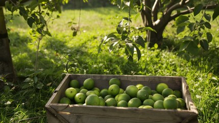 a wooden box filled with lots of green apples in a lush green field next to a wooden pole with a tree in the background.
