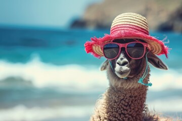 Fototapeta premium lama, alpaca in sunglasses and hat on the beach near the sea, looking at the camera. summer vacation by the sea