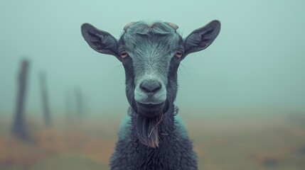 a close up of a goat's face on a foggy day with grass and bushes in the background.