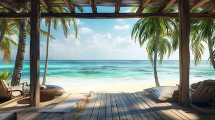 Wooden sea view terrace under palm trees beside beach