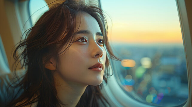 a beaytiful korean woman looking over the city city view from the airplane window seat,generative ai