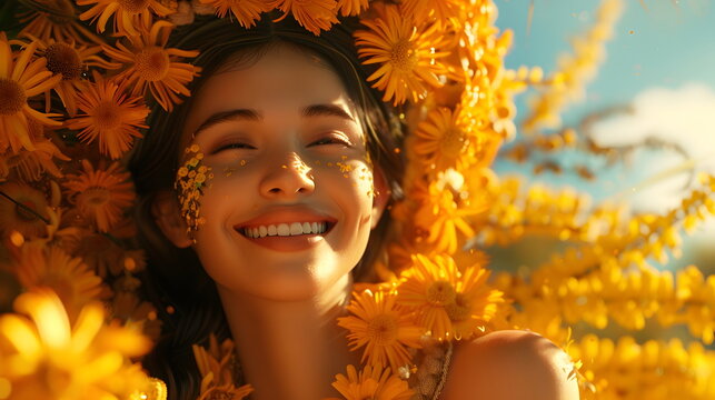 Beautiful woman with a flower wreath in her hair smiles amid fall leaves, woman days