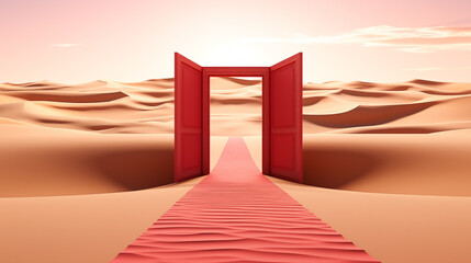 Opened red door in the desert - obrazy, fototapety, plakaty