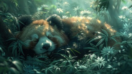 a painting of a red panda sleeping in a forest filled with green plants and bamboo leaves on a sunny day.