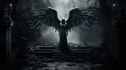 The scary angel of death is haunted by a graveyard - obrazy, fototapety, plakaty