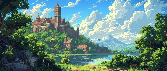 Pixel art scenes of medieval castles amidst magical forests, featuring fantasy creatures and knights.