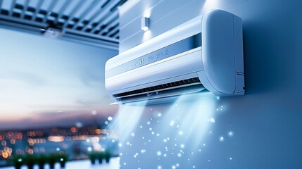 A split-type air conditioner levitating in the air. Generative AI.