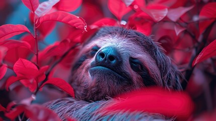 Fototapeta premium a close up of a sloth in a tree with red leaves and a blue sky in the back ground.