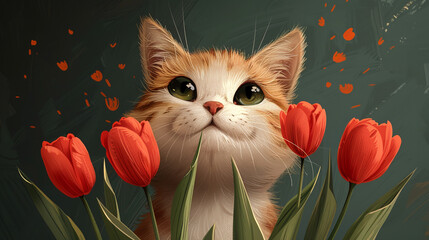illustration of a cute cat holding bouquet of red tulips, 2d illustration, cartoon style, happy, holiday, greetings