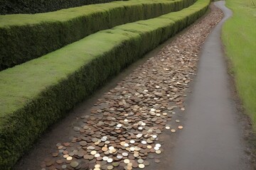 The road along the hedge of coins on the ground