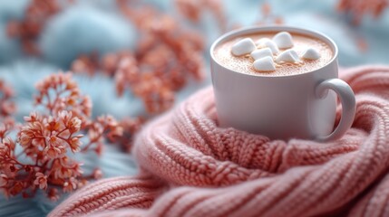 Obraz na płótnie Canvas a cup of hot chocolate with marshmallows in it on a pink blanket with flowers in the background.