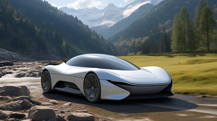 An electric car parked on the way to travel, with natural scenery.