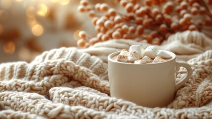 Obraz na płótnie Canvas a cup of hot chocolate with marshmallows on a blanket with a boke of lights in the background.