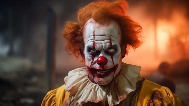 Evil, bloody clown. A mad evil clown, Stares at the observer with a creepy smile. Evil redhead clown