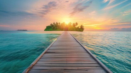 Obraz premium Tropical Paradise at Sunset - Wooden Jetty and Island View