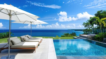 Fototapeta premium Luxurious Seaside Infinity Pool with Panoramic Ocean View and Lounge Area